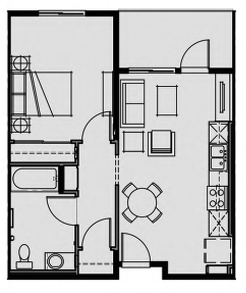 Floor plan for 1 bed, 1 bath, 617 sqft